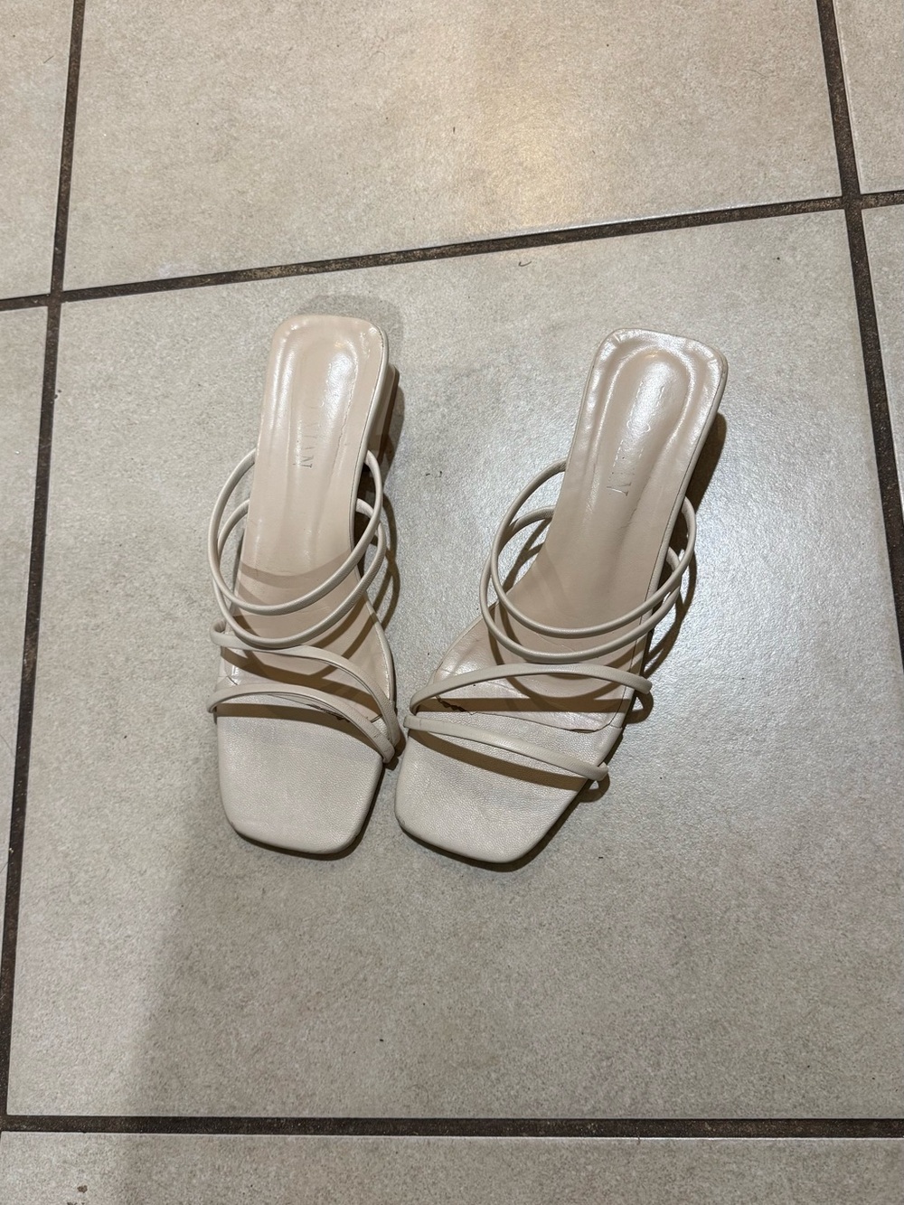 Strappy Square-Toe Heeled Sandals in Light Cream